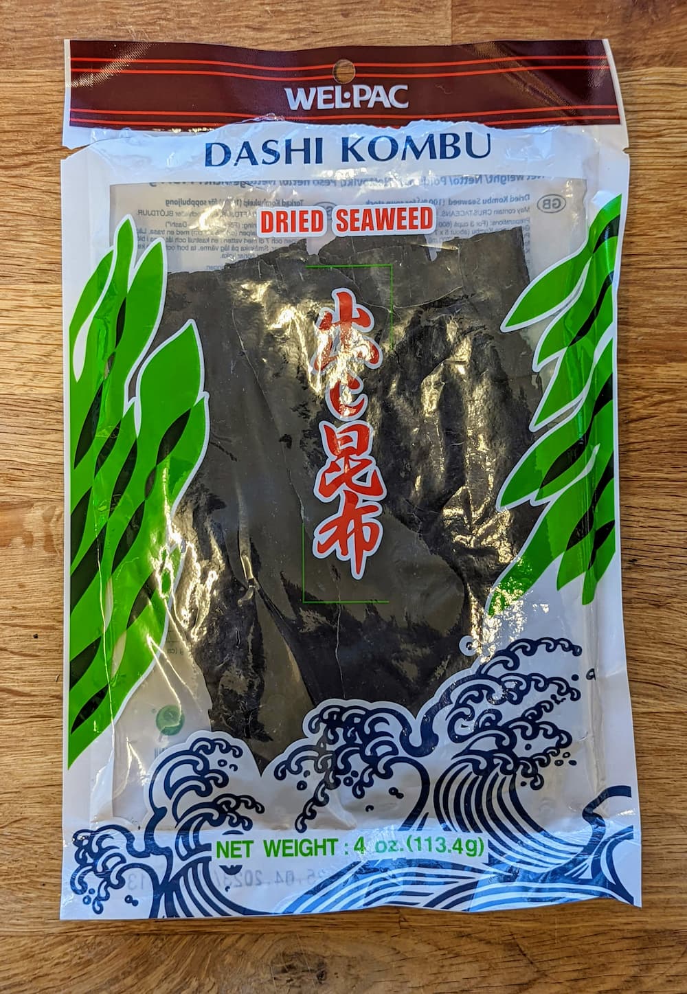 A pack of Wel-Pac brand dried kombu for dashi