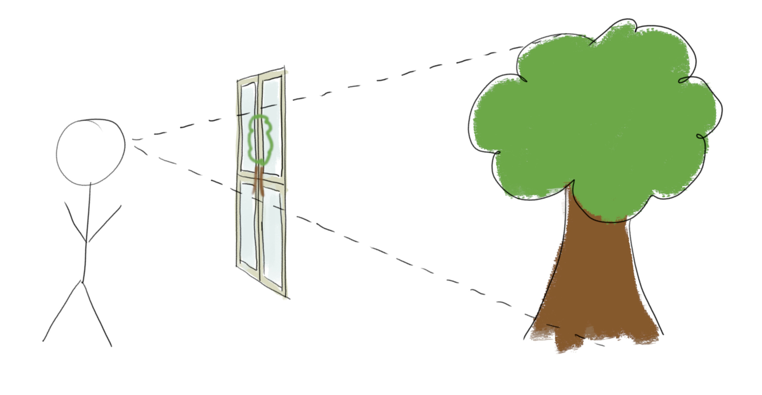 Stick figure looking through a window at a tree